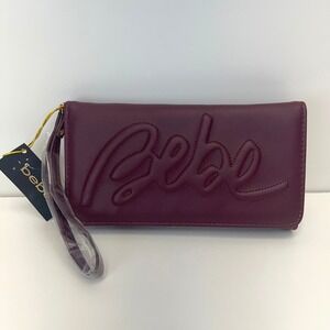 BEBE Louisa Trifold Wallet Multi Slots Embossed Logo Wristlet Clutch Purple NEW
